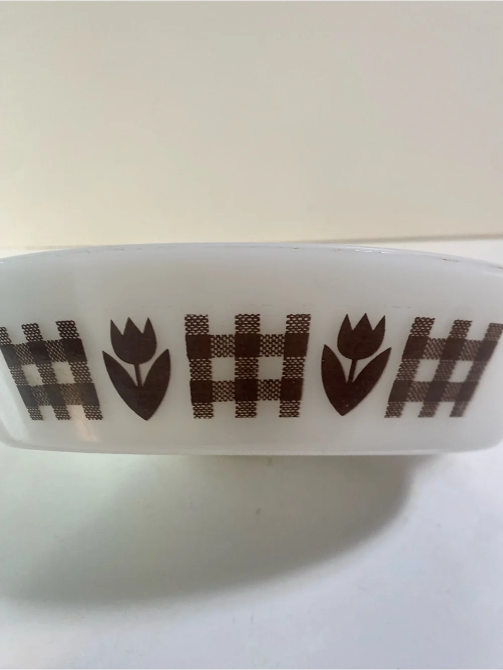 Vintage Glasbake Milk Glass Divided Brown Tulip & Gingham Dish 12” Length